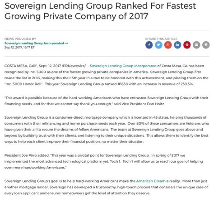 Sovereign Lending Group Ranked For Fastest Growing Private Company of 2017